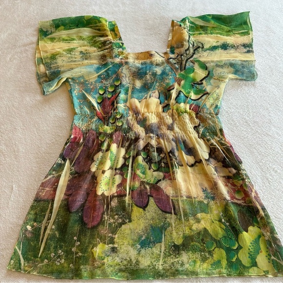 1214 ONE WORLD Gold and Blue Flutter Sleeve Blouse - Picture 6 of 8